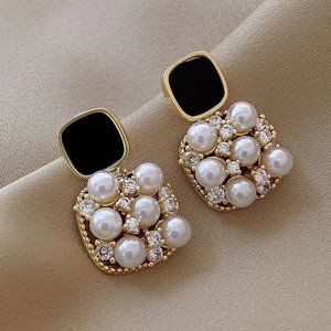 Square drop earring pearls & rhinestones chic classy elegant